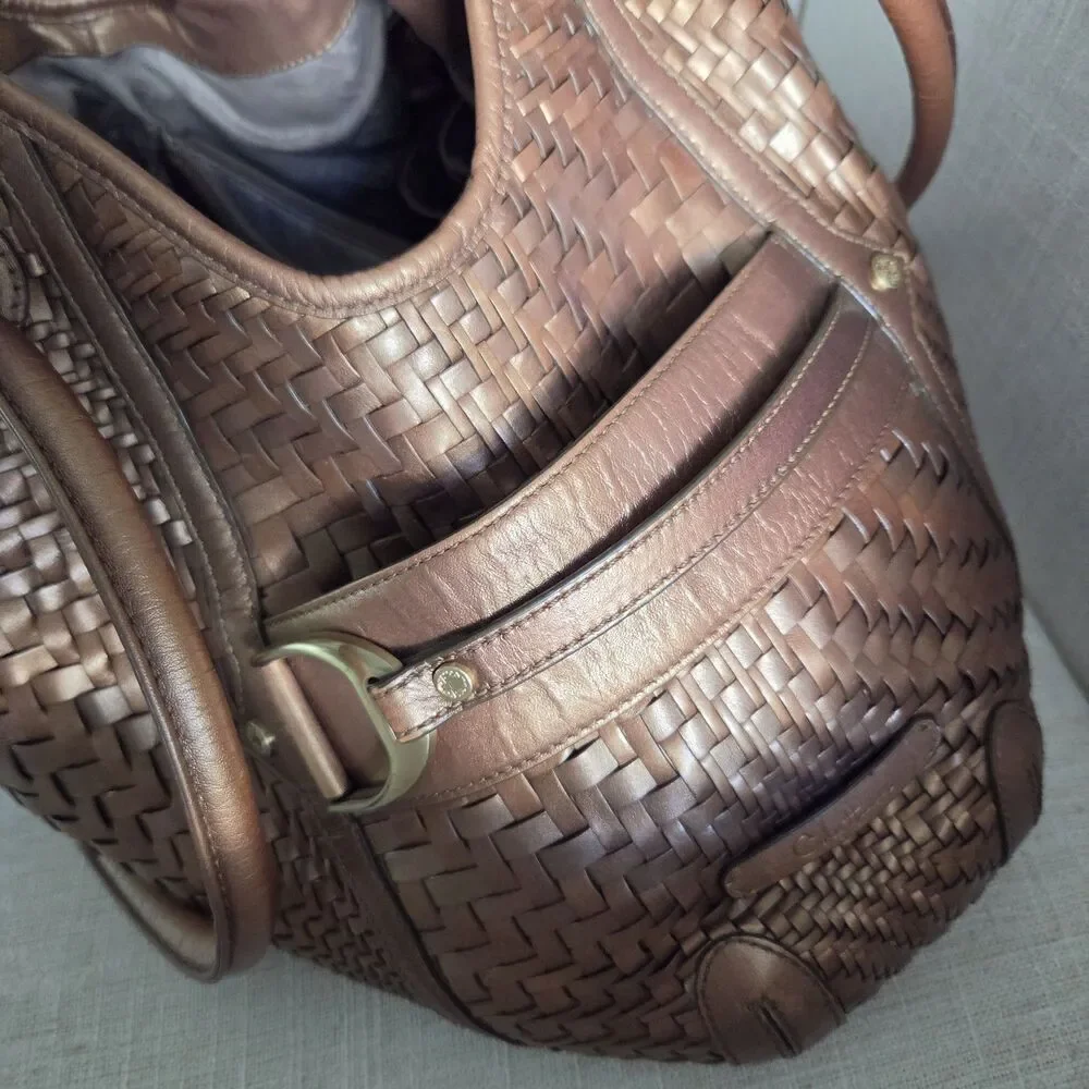 COLE HAAN Genevieve Denney bronze leather Boho Handbag Satchel Woven Large Tote